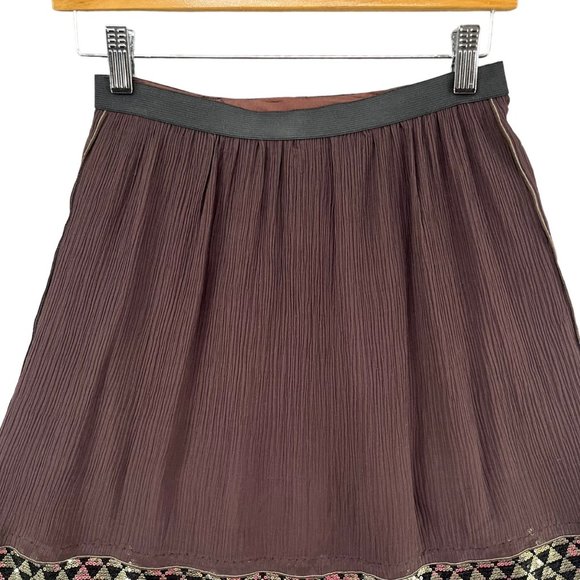 Rozae Nichols Silk Mini Skirt Brown Pleated Gold Accent Pull On Size 2 - Picture 11 of 13
